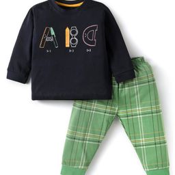 Zero Sinker Knit Full Sleeves T-Shirt & Lounge Pant Set With ABC Print - Navy Blue & Green-image-29