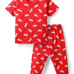 Babyhug Cotton Knit Half Sleeves Co-Ord Night Suit With Vehicles Print - Red-image-83