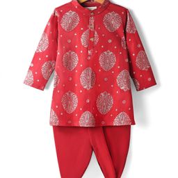 EARTHY TOUCH Single Jersey Knit Full Sleeves Floral Printed Kurta Dhoti Set - Red-picture-25