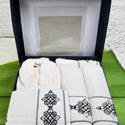 SENSES 550 GSM Ivory 5 Piece Cotton Bathrobe with Embroidered Towels & Hand Towel Gift Set-image-71