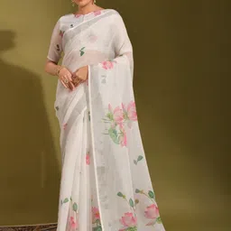Peachmode Floral Pure Linen Saree-image-37
