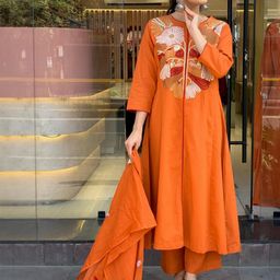 CaniBani Women Orange Embroidered Silk Blend Kurta & Trousers With Dupatta-picture-40