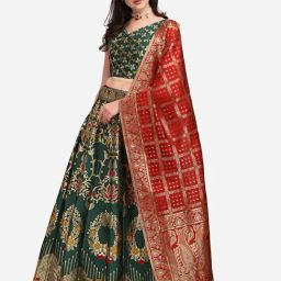 PURVAJA Green Printed Stitched Lehenga & Unstitched Blouse With Dupatta-picture-18