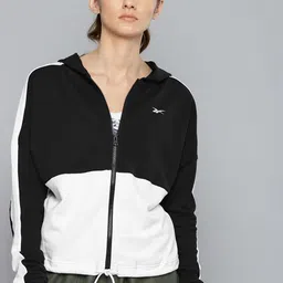 Reebok Women Black Colourblocked Hooded Training Sweatshirt-picture-2