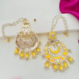 Abdesigns Gold-Tone Plated Meenakari Kundan Studded And Beaded Minimal Dangler Earrings image 4