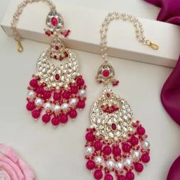 Abdesigns Gold-Tone Plated Meenakari Kundan Studded And Beaded Minimal Dangler Earrings-10