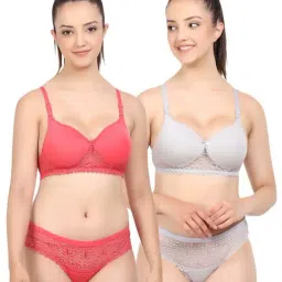 AROUSY Pink & Grey Self Pattern Bra Panty Set - Pack Of 2-image-56