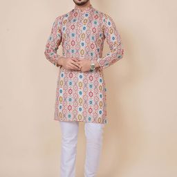 ALMORA Ethnic Motifs Printed Band Collar Straight Pure Cotton Kurta with Pyjamas-image-100