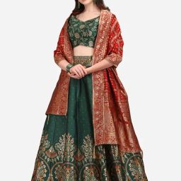 PURVAJA Green Printed Stitched Lehenga & Unstitched Blouse With Dupatta-image-39