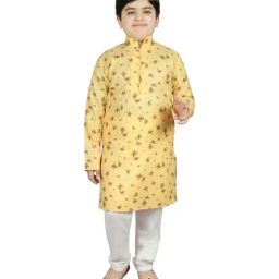 SG Yuvraj Kids Yellow & White Cotton Printed Full Sleeves Kurta Set-image-87