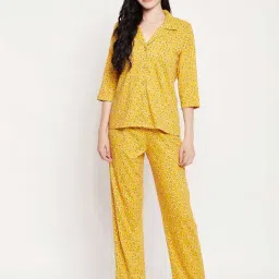 Clovia Yellow Geometric Print Cotton Shirt With Pyjamas-image-32