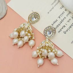 Abdesigns Gold-Tone Plated Kundan Studded And Beaded Minimal Dangler Earrings-image-88