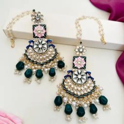 Abdesigns Gold-Tone Plated Meenakari Kundan Studded And Beaded Minimal Dangler Earrings image 3