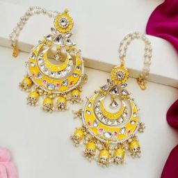 Abdesigns Gold-Tone Plated Meenakari Kundan Studded And Beaded Minimal Dangler Earrings-4