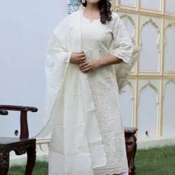 Miravan Cream Cotton A Line Embroidered Kurta With Dupatta image 4
