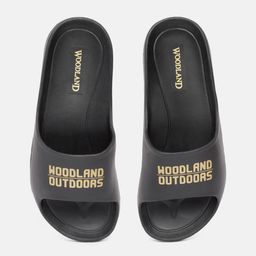 Woodland Men Black & Gold-Toned Brand Logo Print Sliders-image-60