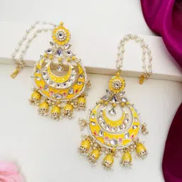 Abdesigns Gold-Tone Plated Meenakari Kundan Studded And Beaded Minimal Dangler Earrings image 3