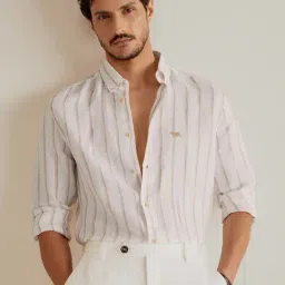 ANDAMEN Beige Slim Fit Striped Linen Shirt-picture-27