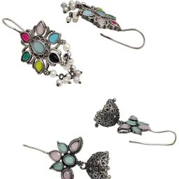 OOMPH Silver Floral Jhumki Earrings Set of 2 image 4
