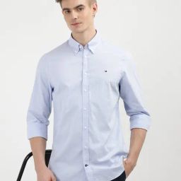 Tommy Hilfiger Custom Color Classic Blue Cotton Slim Fit Self Shirt-image-49