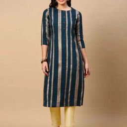 SHOWOFF Women's Teal Striped Straight Kurta-picture-16