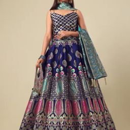 PURVAJA Navy Printed Stitched Lehenga & Unstitched Blouse With Dupatta-picture-10