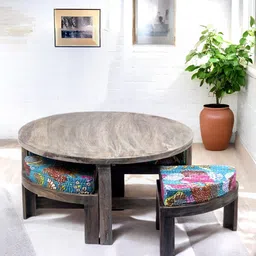 Ikiriya Grey Wooden Antique Grey Finish Round Coffee Table With Stool and Cushions-11