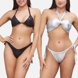 Secrets By ZeroKaata Black & Sliver Plain Swimwear Bikini-image-68