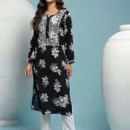 House of Chikankari Black Cotton Embroidered Straight Kura-image-105