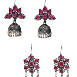 OOMPH Silver Floral Jhumki Earrings Set of 2 image 4