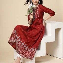 RAMAS Maroon Embroidered A Line Kurta-image-39