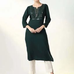 SHOWOFF Women's Embellished Straight Green Kurta-13