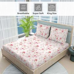 Nature Bouquet 100% Cotton 300 TC Pink Floral Print King Bedsheet with 2 Pillow Covers-image-30