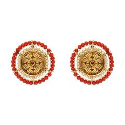 C. Krishniah Chetty Group Gold Vintage Red Stone & Coral Bead Cultured Pearl Accents Earrings-18