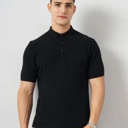 celio* Black Regular Fit Self Design Cotton Polo T-Shirt-image-45