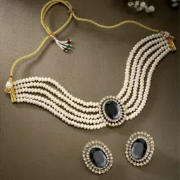 Peora Gold-Plated Oval Black Stone Beaded Choker Necklace & Stud Earrings Jewellery Set-image-86
