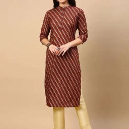 SHOWOFF Women's Brown Striped Straight Kurta-image-4