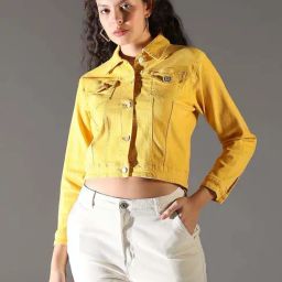 SHOWOFF Women's Yellow Solid Crop Denim Jacket-21