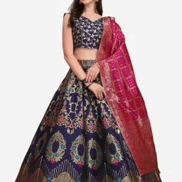 PURVAJA Navy Printed Stitched Lehenga & Unstitched Blouse With Dupatta-picture-6