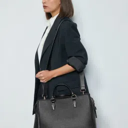Miraggio Melissa Black Large Textured Satchel Handbag-image-73