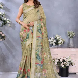 KALINI Cream Printed Linen Blend Jamdani Sarees-picture-39