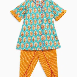Campana 100% Cotton Half Sleeves Seamless Flower Motif Block Kurta With Overlapped Dhoti - Blue & Yellow-picture-5