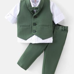 Babyhug Woven with Stretch Full Sleeves Three Pieces Party Suit with Bow - Green & White-image-41