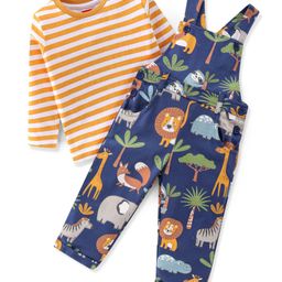 Babyhug Cotton Knit Lion Printed Dungaree with Full Sleeves Striped Inner Tee - Orange & Blue-image-61