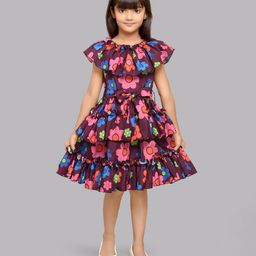 PinkChick Half Sleeves All Over Floral Printed Fit & Flare Layered Dress - Burgundy Maroon-image-45