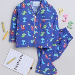 Knitting Doodles Premium Cotton Full Sleeves Dragon   Printed    Coordinating Night Suit - Blue-image-95