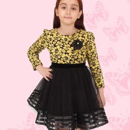 Cutecumber Full Sleeves  Floral Printed Bodice With Flower Applique Detailed Fit & Flare Dress - Yellow-image-44