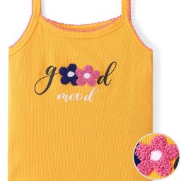 Pine Kids 100% Cotton Knit Sleeveless Top With Floral Embroidery - Yellow-image-62