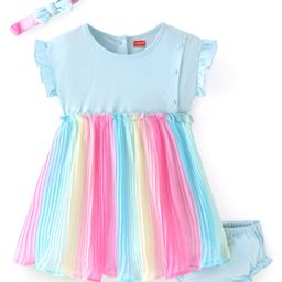 Babyhug Woven Frill Sleeves Frock with Bloomer & Headband - Multicolour-image-83