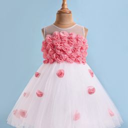 Bluebell Georgette Woven Sleeveless Party Frock with Floral Applique - White & Pink-image-69